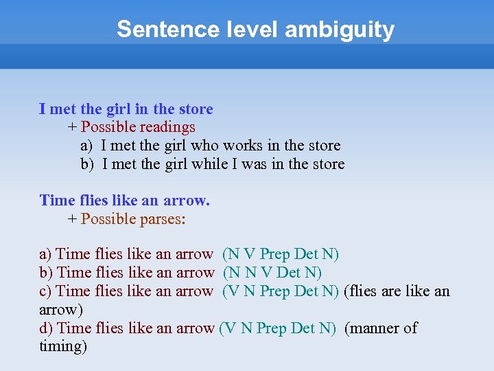 Sentence level ambiguity I met the girl in the store + Possible readings a)