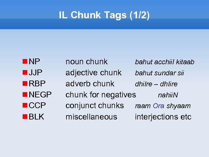 IL Chunk Tags (1/2) NP JJP RBP NEGP CCP BLK noun chunk bahut acchii.