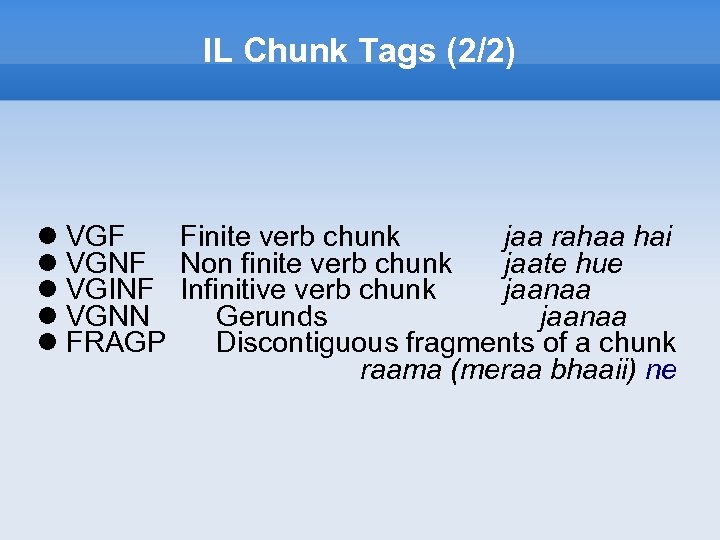 IL Chunk Tags (2/2) VGF Finite verb chunk jaa rahaa hai VGNF Non finite