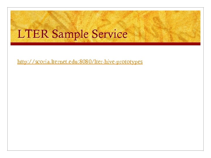 LTER Sample Service http: //scoria. lternet. edu: 8080/lter-hive-prototypes 
