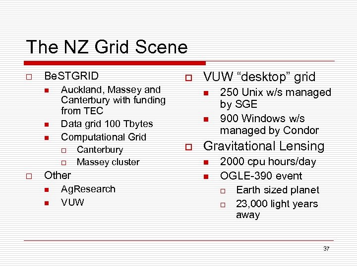 The NZ Grid Scene o Be. STGRID n n n Auckland, Massey and Canterbury