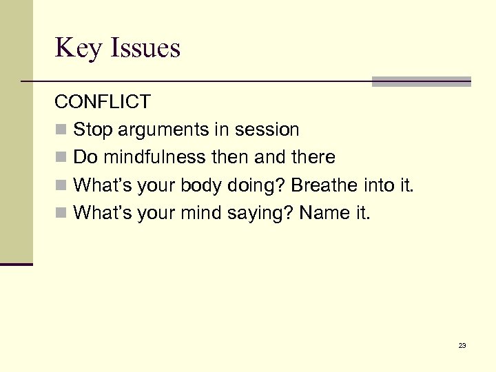 Key Issues CONFLICT n Stop arguments in session n Do mindfulness then and there