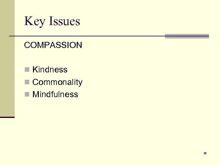 Key Issues COMPASSION n Kindness n Commonality n Mindfulness 36 