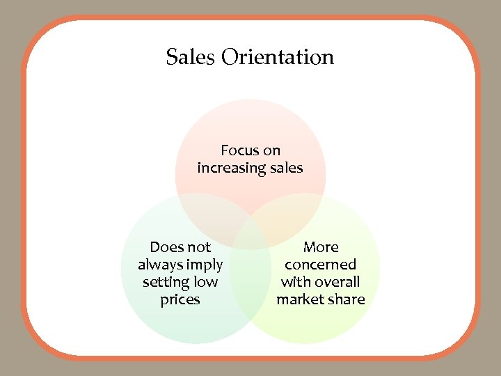 Sales Orientation Focus on increasing sales Does not always imply setting low prices More