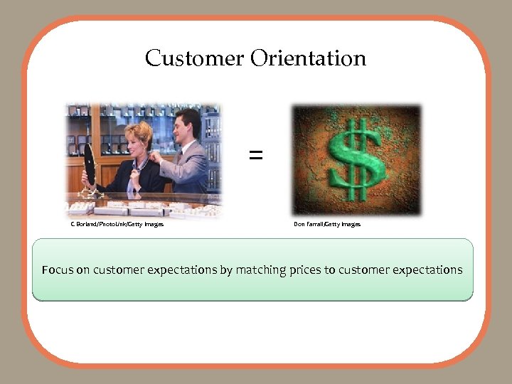 Customer Orientation = C Borland/Photo. Link/Getty Images Don Farrall/Getty Images Focus on customer expectations