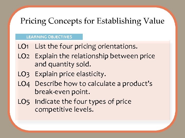 Pricing Concepts for Establishing Value LEARNING OBJECTIVES LO 1 List the four pricing orientations.