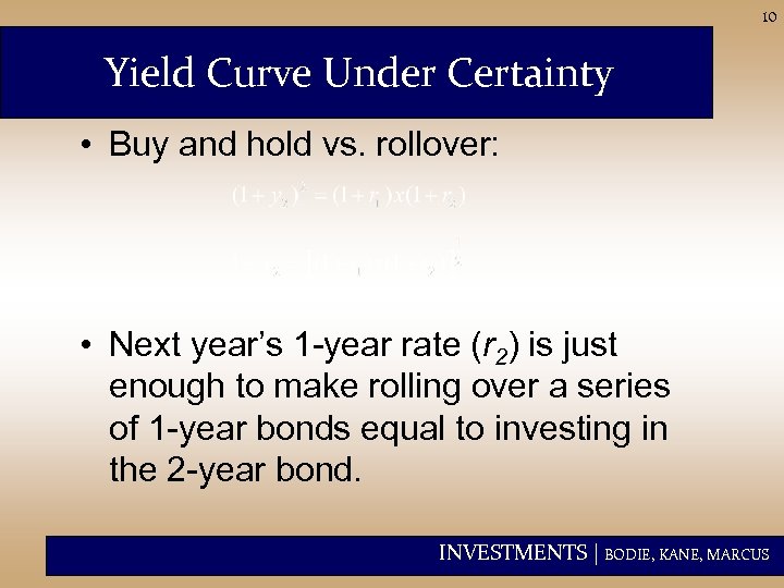 10 Yield Curve Under Certainty • Buy and hold vs. rollover: • Next year’s