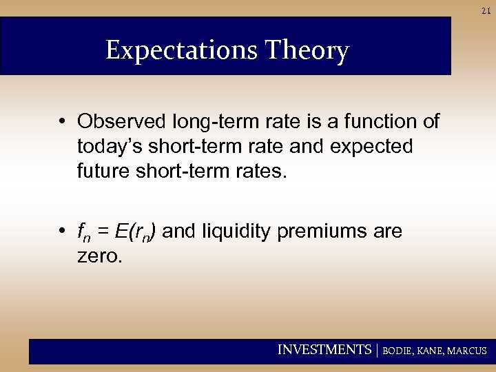 21 Expectations Theory • Observed long-term rate is a function of today’s short-term rate