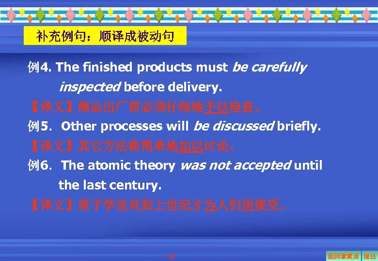 补充例句：顺译成被动句 例4. The finished products must be carefully inspected before delivery. 【译文】商品出厂前必须仔细地予以检查。 例5．Other processes