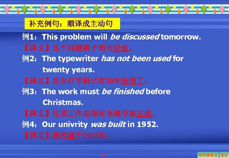 补充例句：顺译成主动句 例1：This problem will be discussed tomorrow. 【译文】这个问题将于明天讨论。 例2：The typewriter has not been used