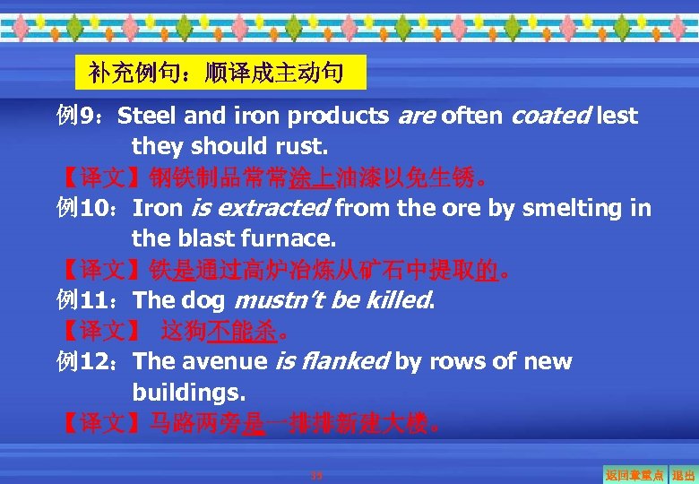 补充例句：顺译成主动句 例9：Steel and iron products are often coated lest they should rust. 【译文】钢铁制品常常涂上油漆以免生锈。 例10：Iron