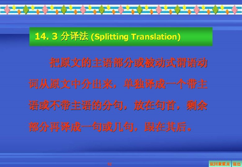 14. 3 分译法 (Splitting Translation) 把原文的主语部分或被动式谓语动 词从原文中分出来，单独译成一个带主 语或不带主语的分句，放在句首，剩余 部分再译成一句或几句，跟在其后。 52 返回章重点 退出 