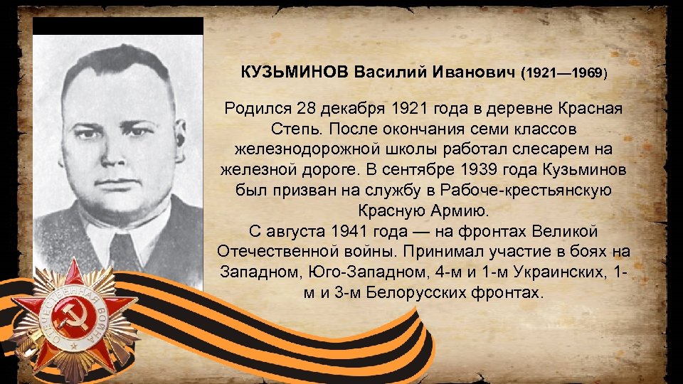 КУЗЬМИНОВ Василий Иванович (1921— 1969) Родился 28 декабря 1921 года в деревне Красная Степь.