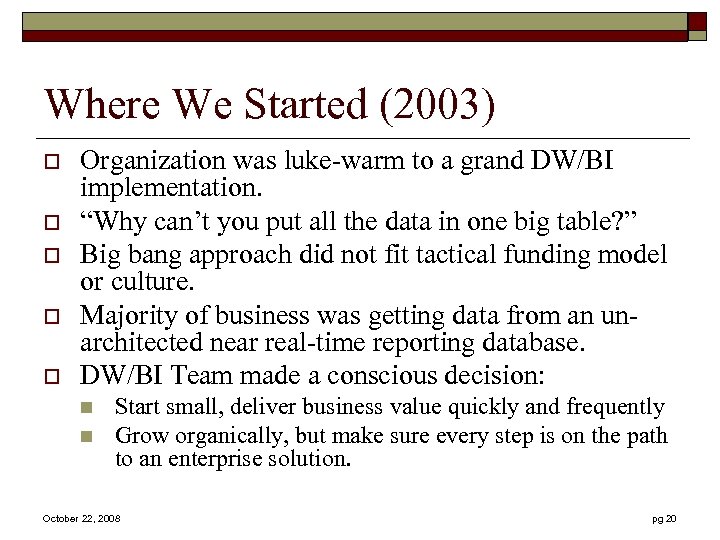 Where We Started (2003) o o o Organization was luke-warm to a grand DW/BI