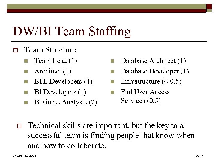 DW/BI Team Staffing o Team Structure n n n o Team Lead (1) Architect