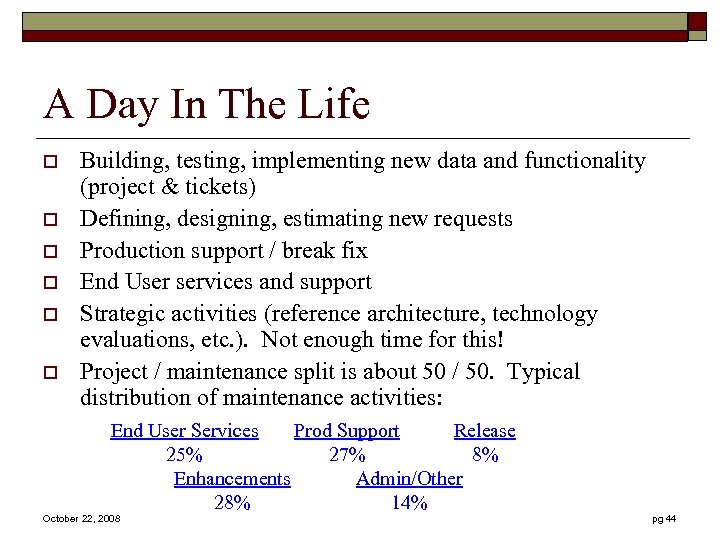 A Day In The Life o o o Building, testing, implementing new data and
