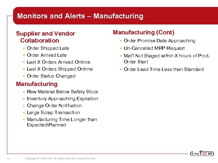 Monitors and Alerts – Manufacturing Supplier and Vendor Collaboration § § § Order Shipped