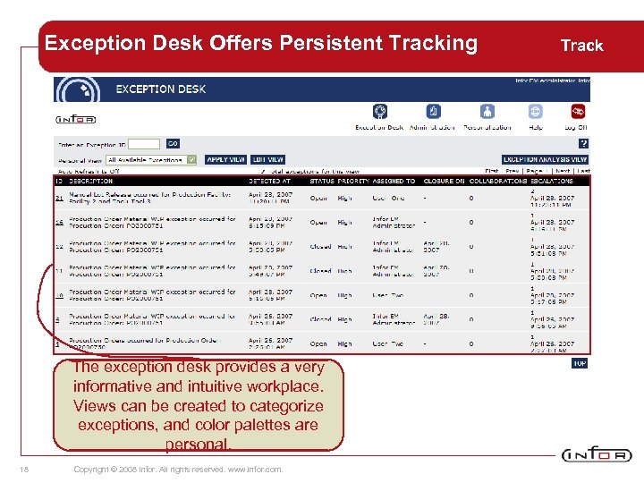 Exception Desk Offers Persistent Tracking The exception desk provides a very informative and intuitive