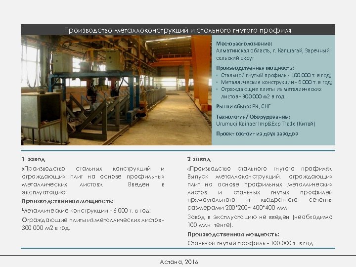 Производство металлоконструкций и стального гнутого профиля Месторасположение: Алматинская область, г. Капшагай, Заречный сельский округ