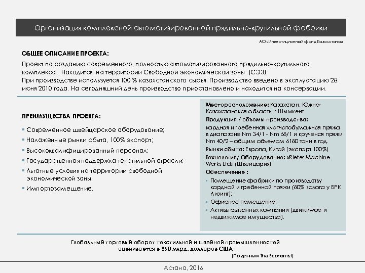 Организация комплексной автоматизированной прядильно-крутильной фабрики АО «Инвестиционный фонд Казахстана» ОБЩЕЕ ОПИСАНИЕ ПРОЕКТА: Проект по