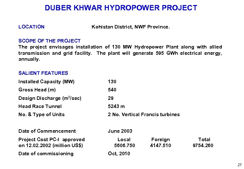 DUBER KHWAR HYDROPOWER PROJECT LOCATION Kohistan District, NWF Province. SCOPE OF THE PROJECT The