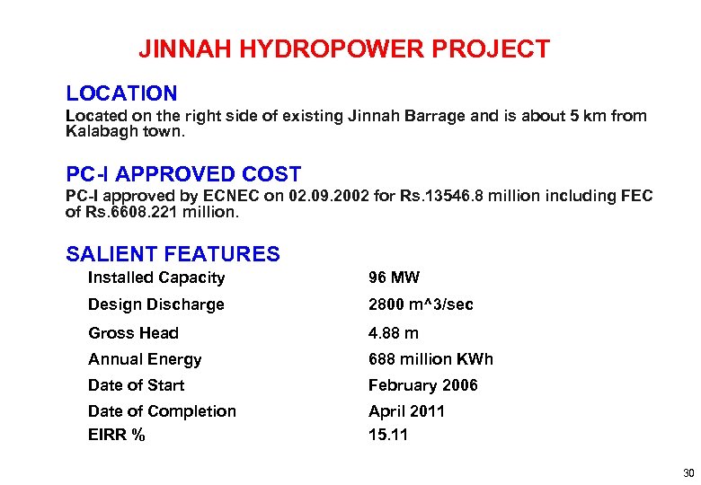 JINNAH HYDROPOWER PROJECT LOCATION Located on the right side of existing Jinnah Barrage and