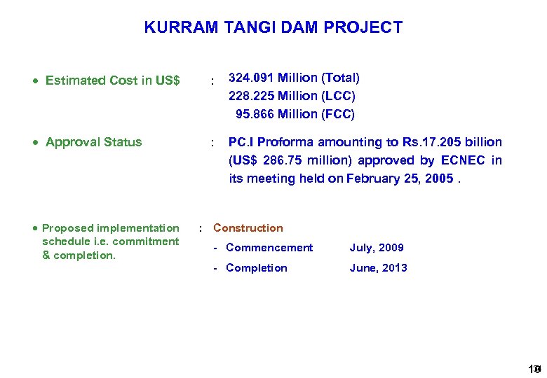 KURRAM TANGI DAM PROJECT Estimated Cost in US$ : 324. 091 Million (Total) 228.