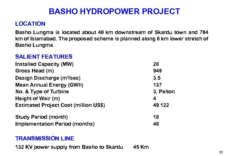 BASHO HYDROPOWER PROJECT LOCATION Basho Lungma is located about 40 km downstream of Skardu