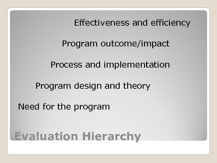 Effectiveness and efficiency Program outcome/impact Process and implementation Program design and theory Need for