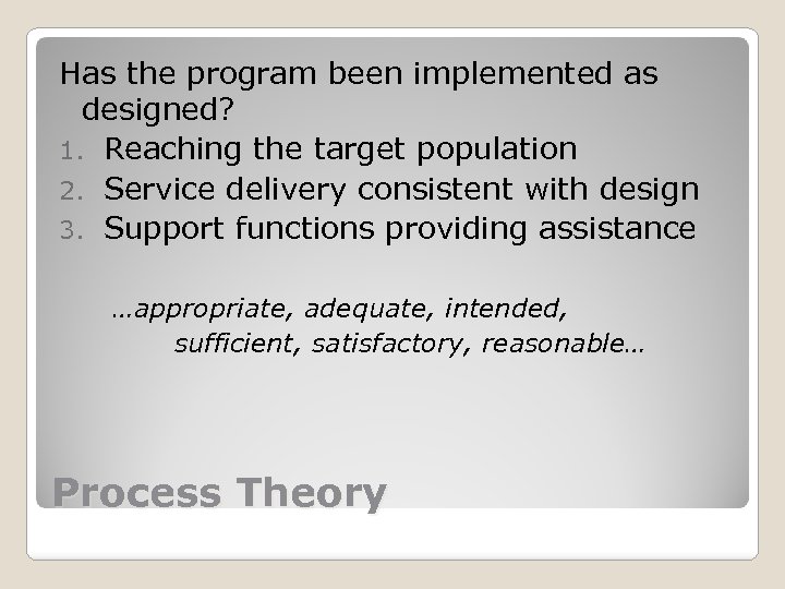 Has the program been implemented as designed? 1. Reaching the target population 2. Service