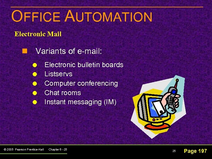 OFFICE AUTOMATION Electronic Mail n Variants of e-mail: © 2005 Pearson Prentice-Hall Electronic bulletin
