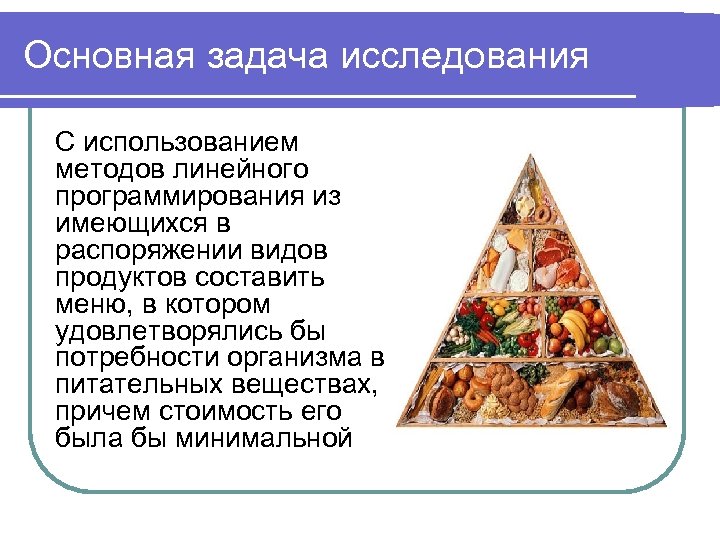 Основная задача исследования С использованием методов линейного программирования из имеющихся в распоряжении видов продуктов