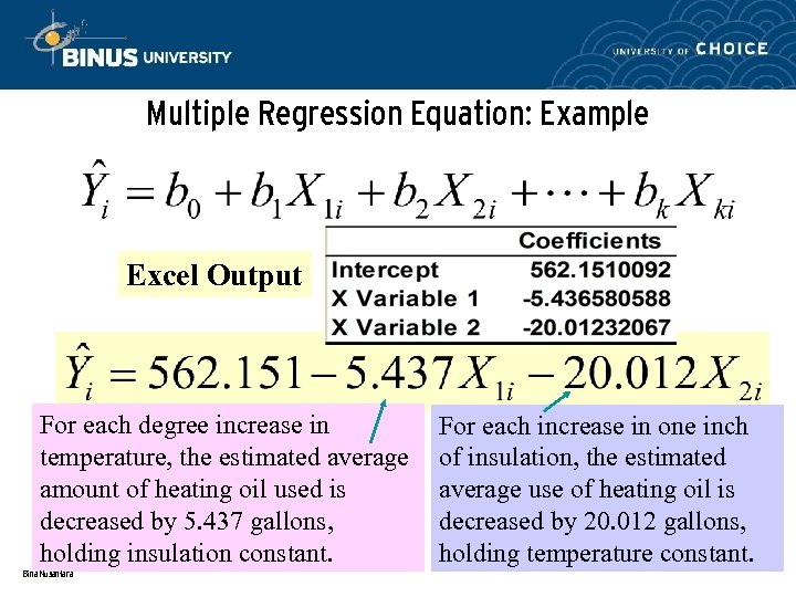 Multiple Regression Equation: Example Excel Output For each degree increase in temperature, the estimated