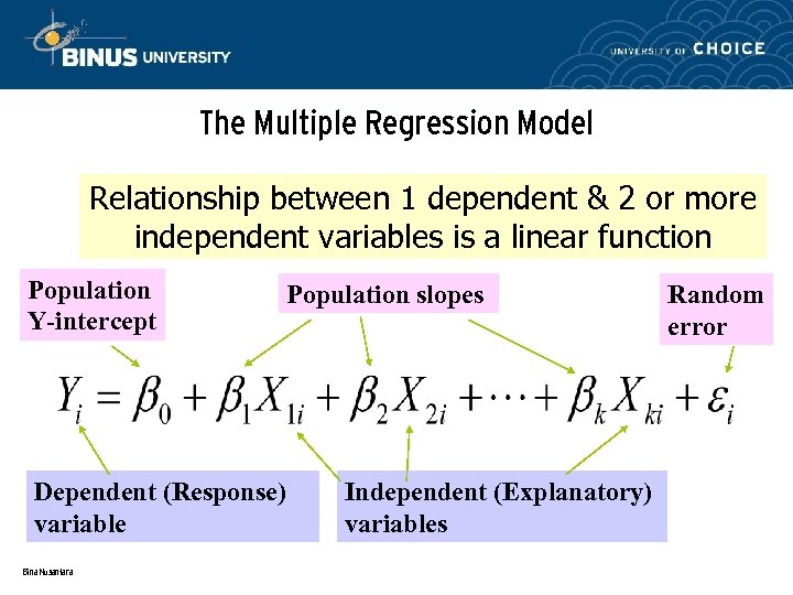 The Multiple Regression Model Relationship between 1 dependent & 2 or more independent variables