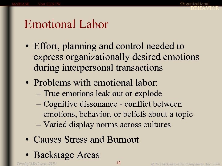 MCSHANE Organizational VON GLINOW BEHAVIOR Emotional Labor • Effort, planning and control needed to