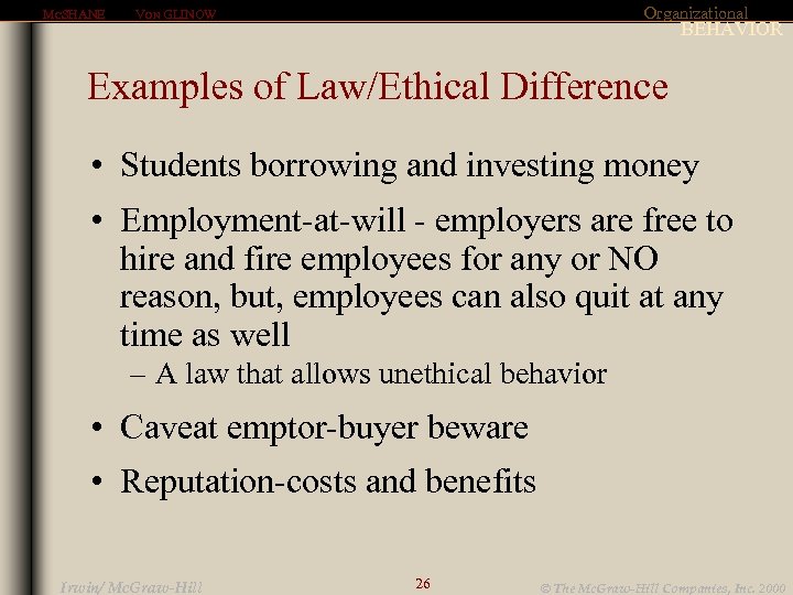 MCSHANE Organizational VON GLINOW BEHAVIOR Examples of Law/Ethical Difference • Students borrowing and investing