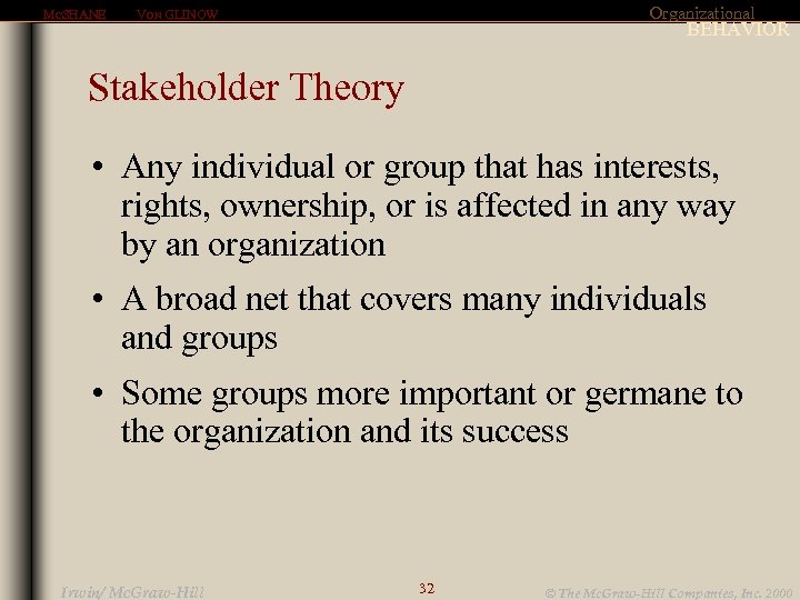 MCSHANE Organizational VON GLINOW BEHAVIOR Stakeholder Theory • Any individual or group that has
