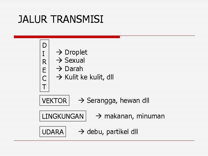 JALUR TRANSMISI D I R E C T Droplet Sexual Darah Kulit ke kulit,