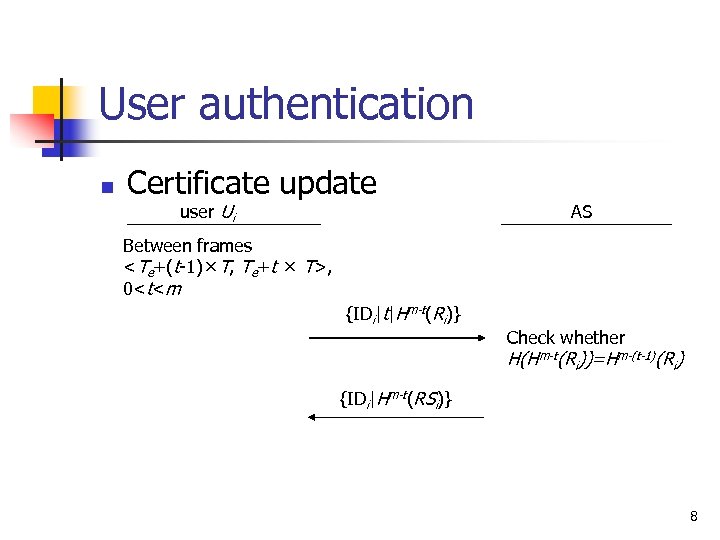 User authentication n Certificate update user Ui AS Between frames <Te+(t-1) T, Te+t T>,