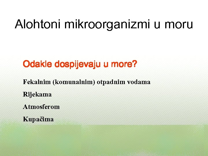 Alohtoni mikroorganizmi u moru Odakle dospijevaju u more? Fekalnim (komunalnim) otpadnim vodama Rijekama Atmosferom