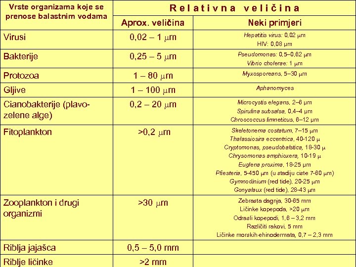 Vrste organizama koje se prenose balastnim vodama Relativna veličina Aprox. veličina Neki primjeri Virusi