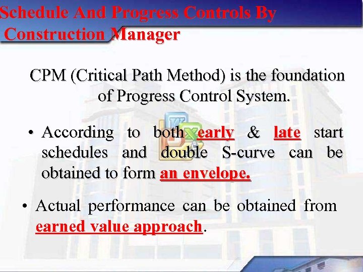 Schedule And Progress Controls By Construction Manager CPM (Critical Path Method) is the foundation