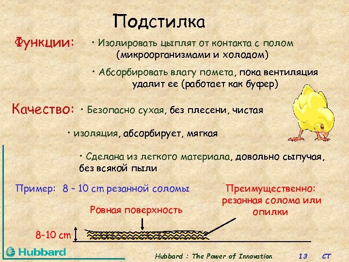 Функции: Подстилка • Изолировать цыплят от контакта с полом (микроорганизмами и холодом) • Абсорбировать