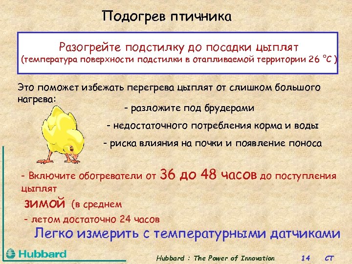 Подогрев птичника Разогрейте подстилку до посадки цыплят (температура поверхности подстилки в отапливаемой территории 26