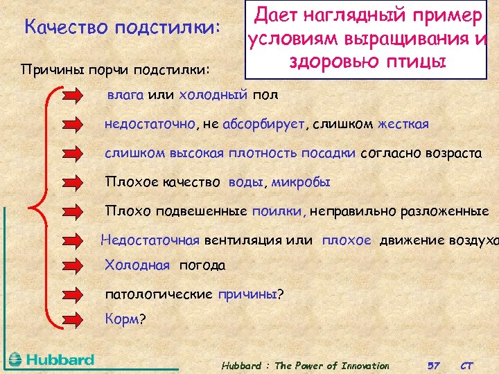 Дает наглядный пример условиям выращивания и здоровью птицы Качество подстилки: Причины порчи подстилки: влага