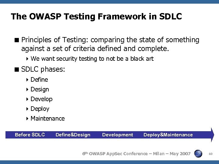 The OWASP Testing Framework in SDLC Principles of Testing: comparing the state of something