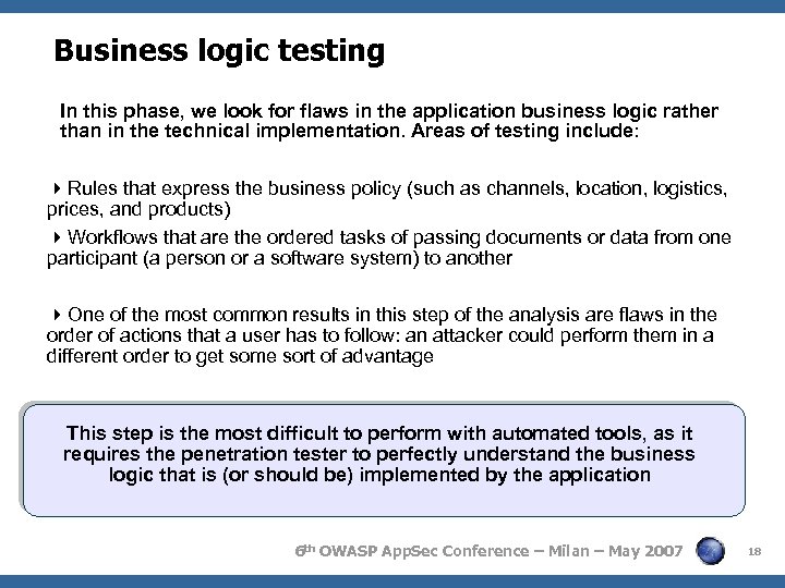 Business logic testing In this phase, we look for flaws in the application business