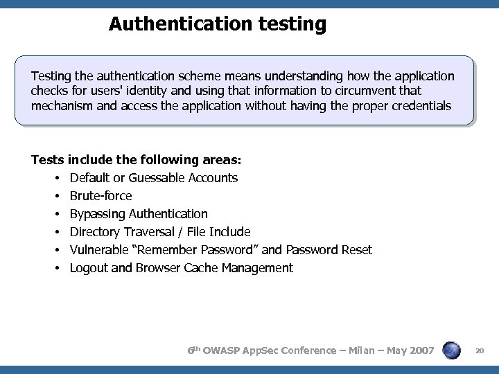Authentication testing Testing the authentication scheme means understanding how the application checks for users'