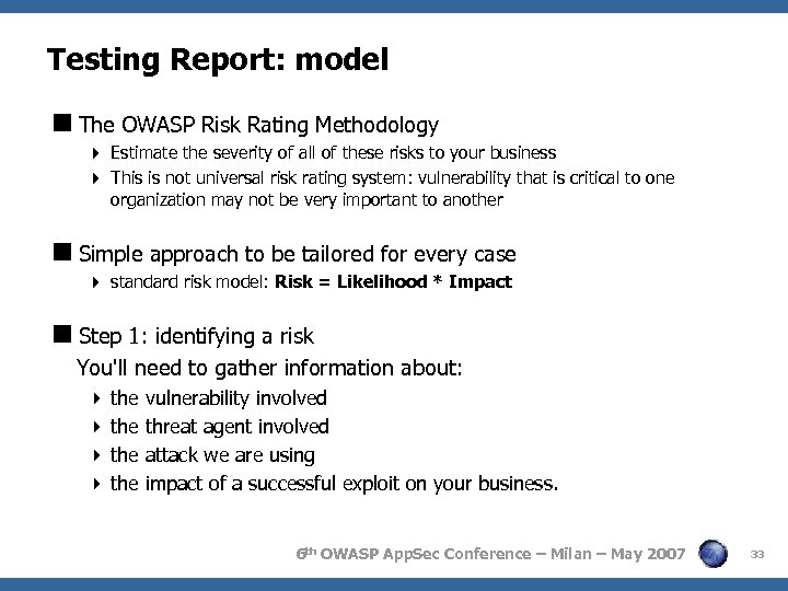 Testing Report: model The OWASP Risk Rating Methodology Estimate the severity of all of
