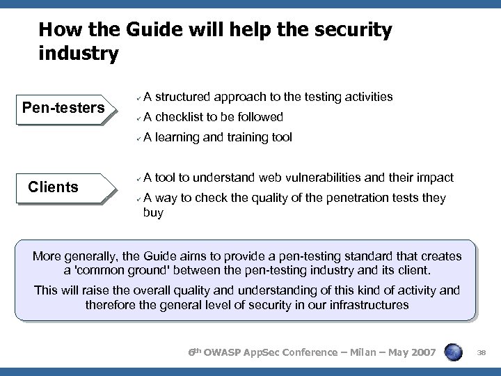 How the Guide will help the security industry Clients A structured approach to the